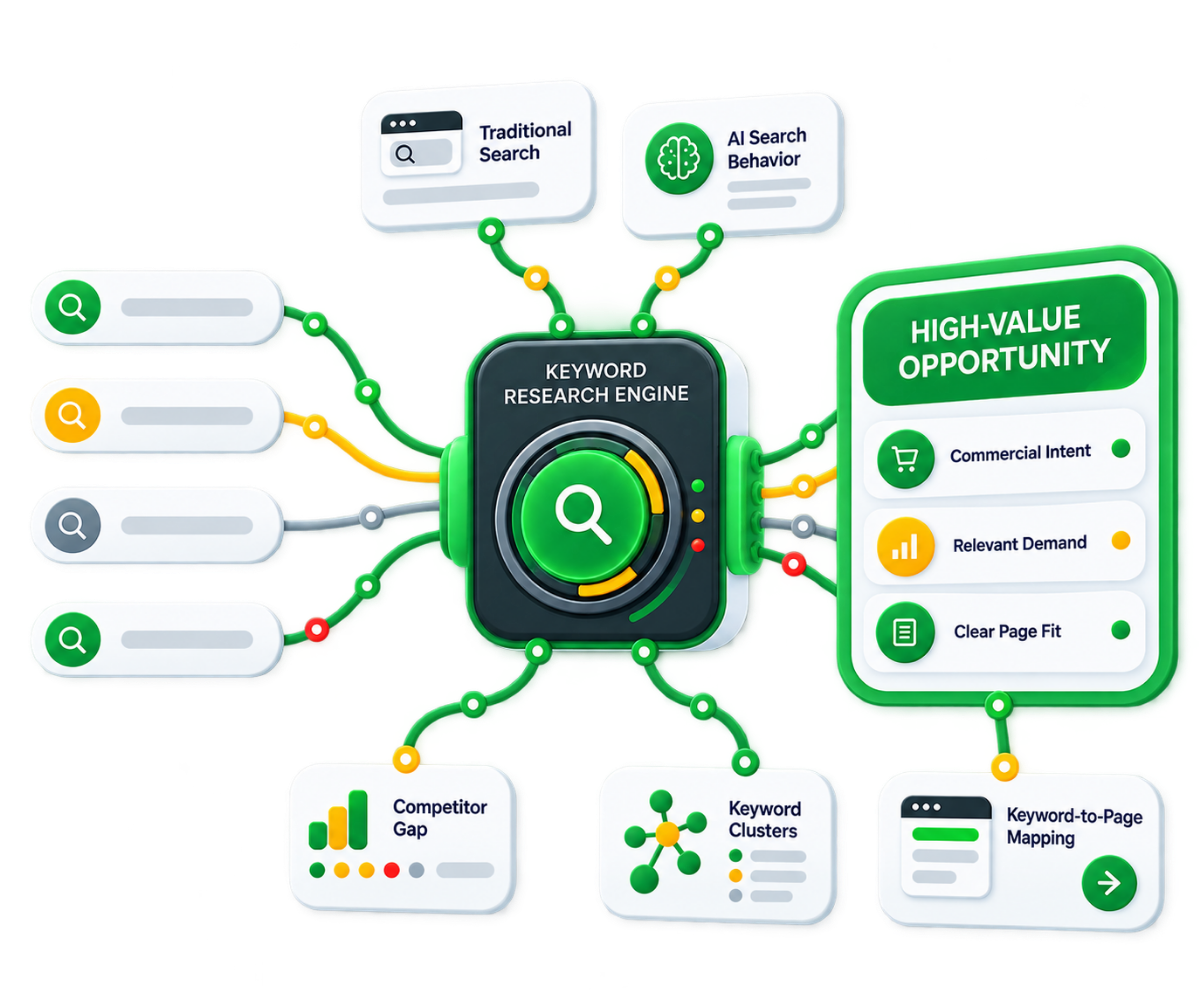 Keyword research services illustration showing search demand, search intent, competitor gaps, keyword clusters and keyword-to-page mapping