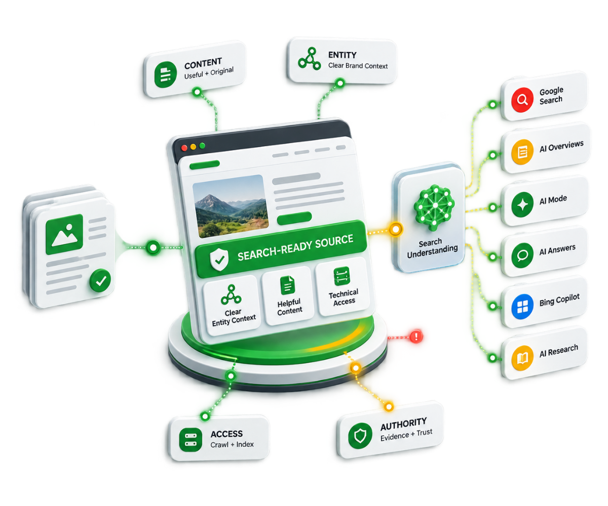 SEO for AI Search illustration showing a search-ready website connected with content clarity, entity context, technical access and AI-powered search experiences