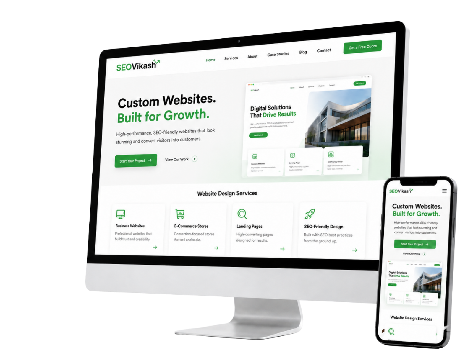 Custom responsive website design displayed on desktop and mobile