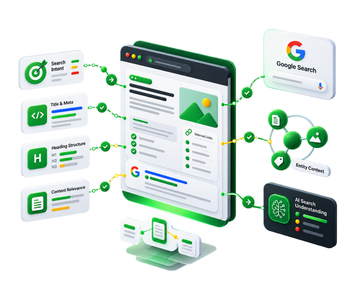 On-page SEO services illustration showing search intent, title and meta optimization, heading structure, content relevance, internal links, entity context, Google Search and AI search understanding