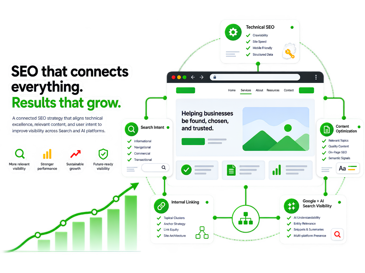 Complete website SEO system covering technical SEO, search intent, content optimization, internal linking and AI search visibility