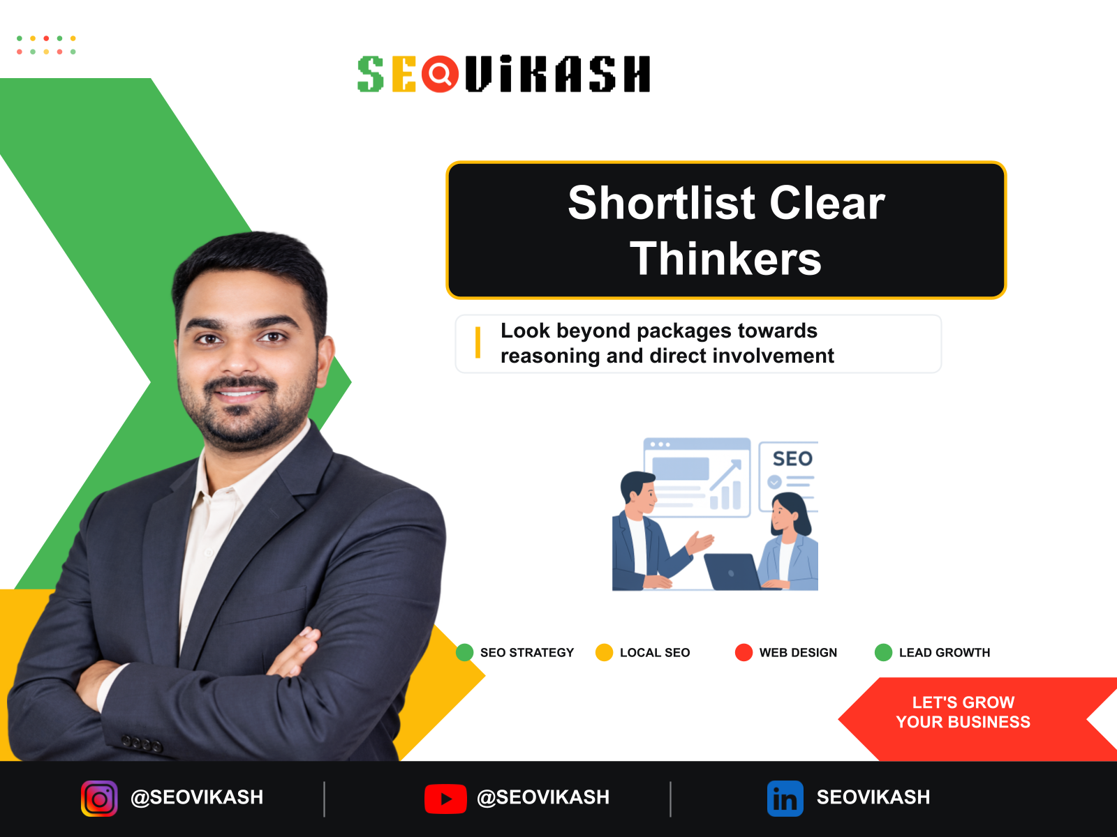 Business owner evaluating a person-led SEO specialist