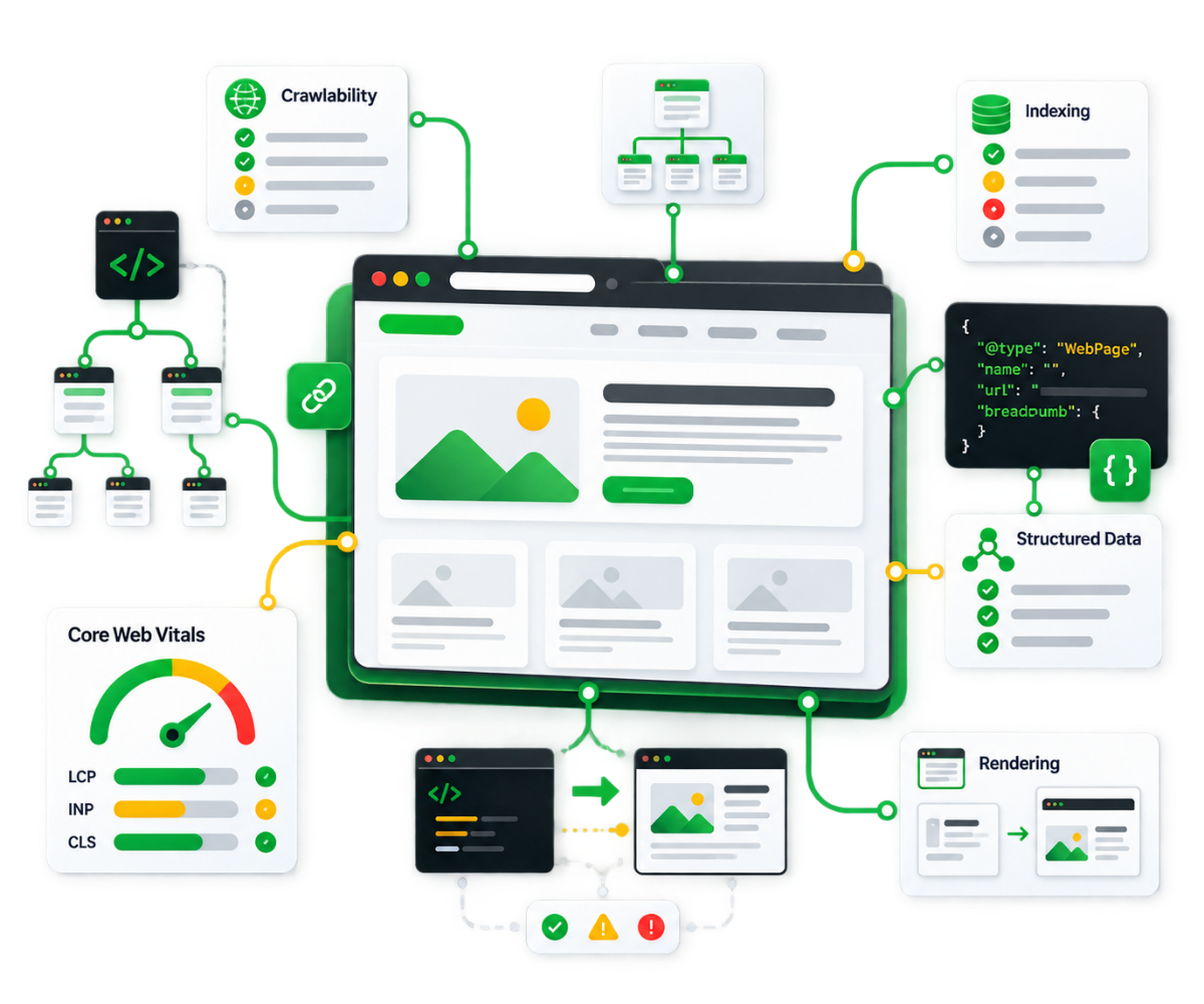Technical SEO services covering crawlability, indexing, Core Web Vitals, structured data, site architecture and rendering